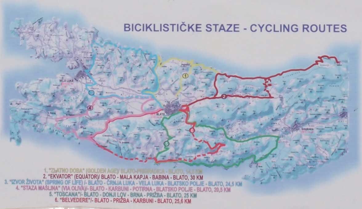 Korčula / Blato cycling routes - vyfocená mapa cyklotras v okolí města Blato.